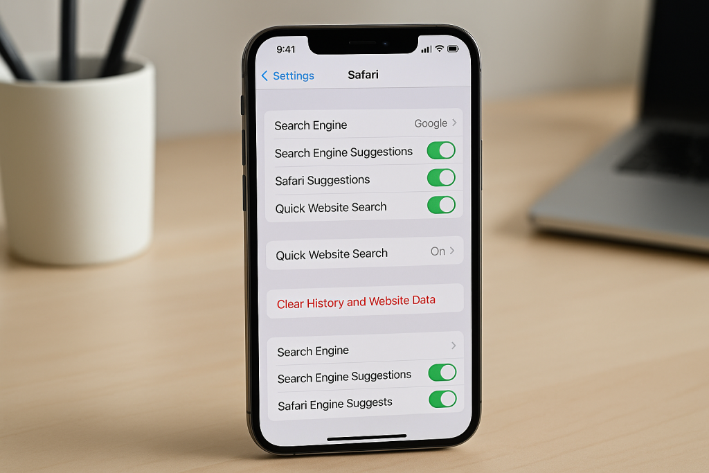 iPhone Safari settings showing option to clear history and website data
