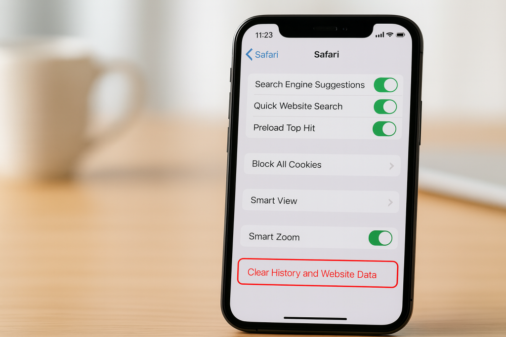 iPhone Safari settings showing clear history and website data option