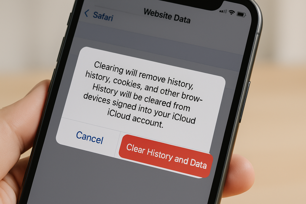 Confirmation screen for clearing Safari history and data on iPhone