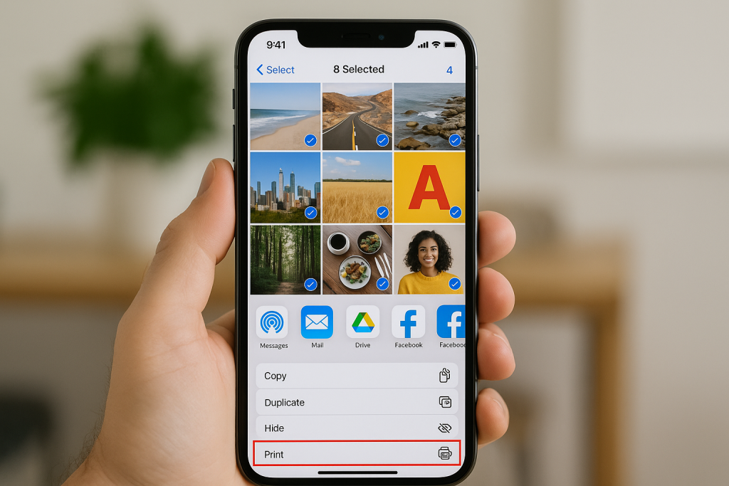 iPhone Photos app with multiple pictures selected for PDF conversion