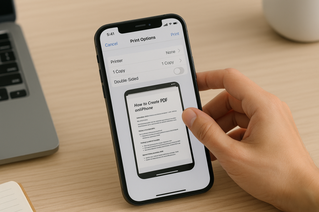 iPhone screen showing Print-to-PDF function with document preview