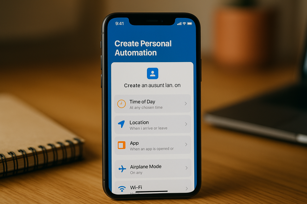 iPhone Shortcuts app showing Create Personal Automation options like Time of Day and Location.