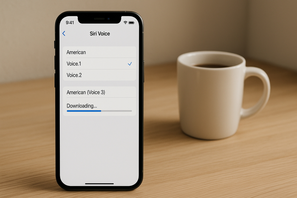 iPhone screen downloading a new Siri voice pack over Wi-Fi