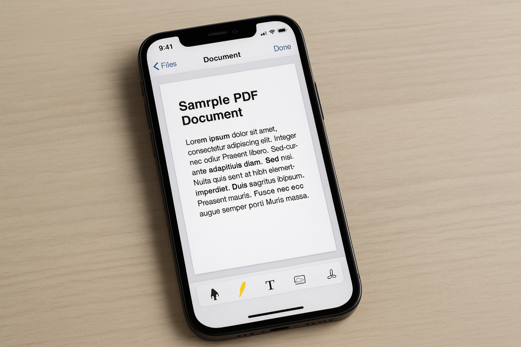 iPhone PDF opened in Files app with Markup editing tools visible