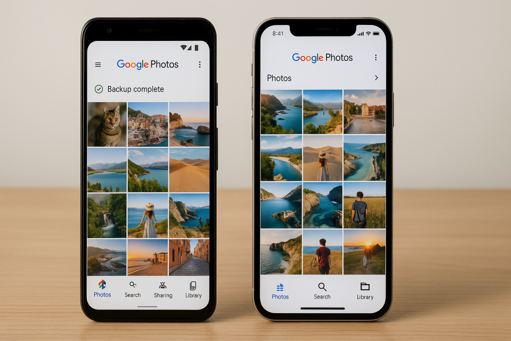 Google Photos app syncing photo library between Android and iPhone devices