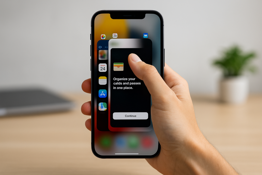 iPhone user swiping up in App Switcher to close background apps