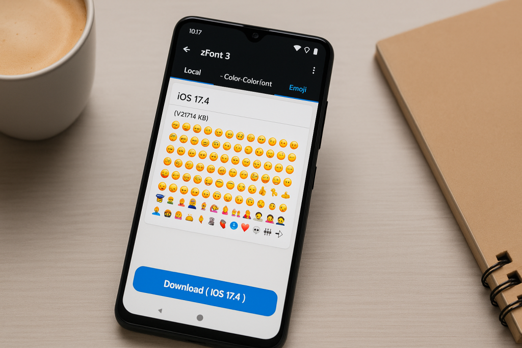 Android phone running zFont 3 app selecting iOS emoji font pack.