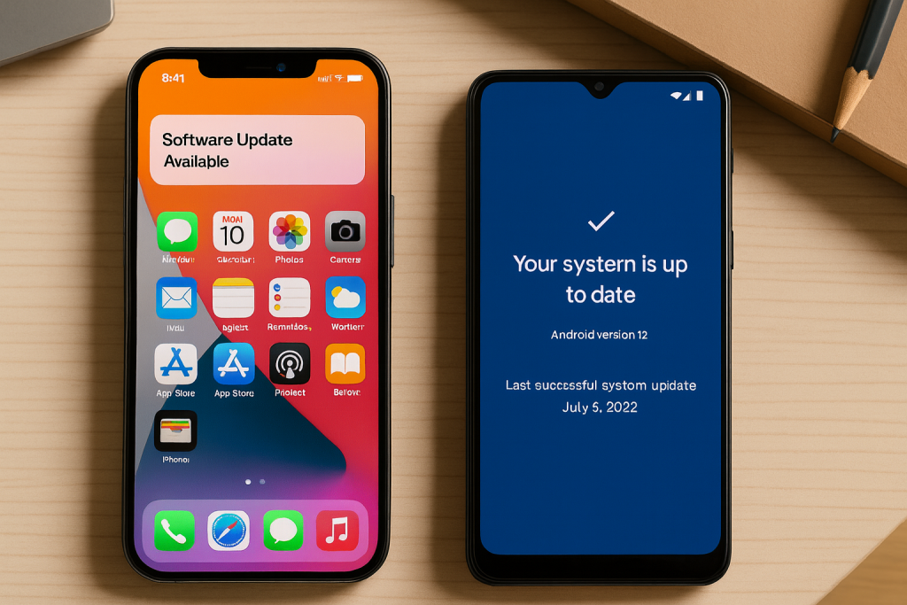 iPhone with latest iOS update vs Android phone showing delayed software version.