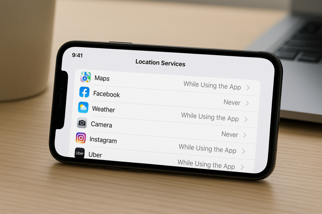 iPhone Location Services menu showing app-specific location permissions