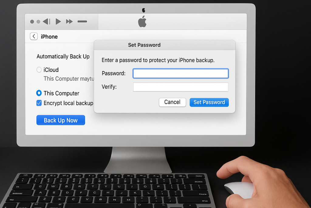 iTunes backup settings with encrypt local backup option enabled.
