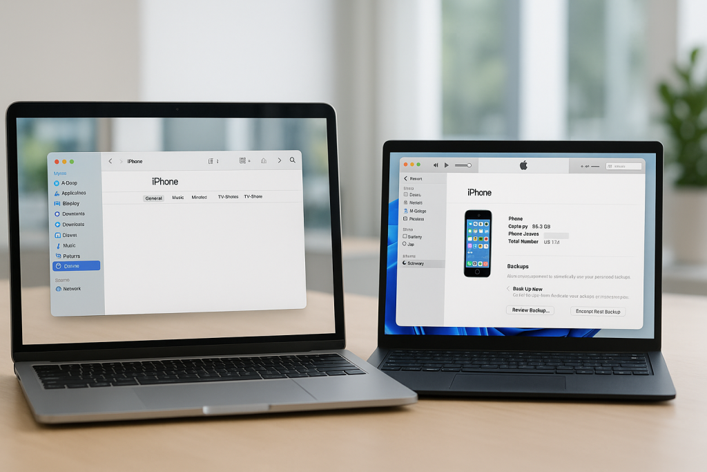 iTunes and Finder interfaces showing iPhone backup options.