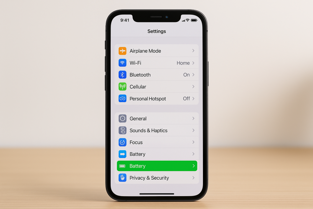 iPhone Settings screen with Battery option highlighted