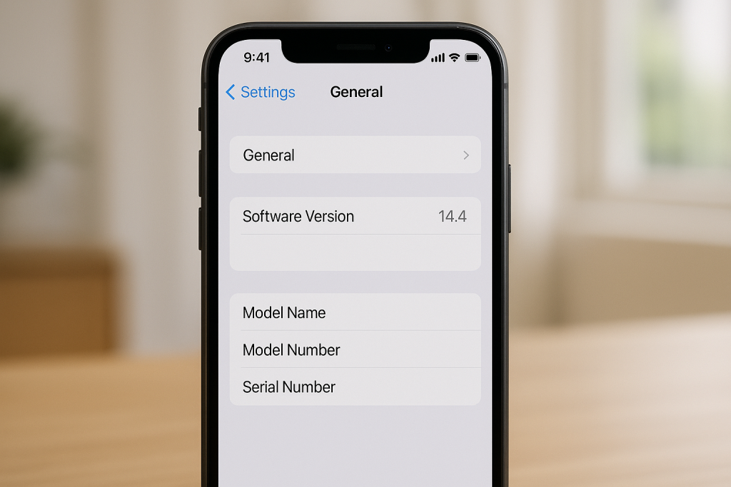 iPhone Settings app showing iOS version in General About section