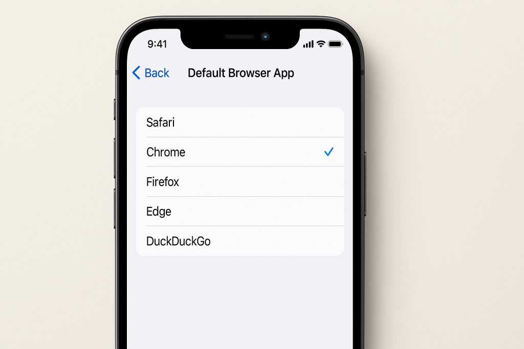 iPhone Default Browser App selection menu with Chrome selected