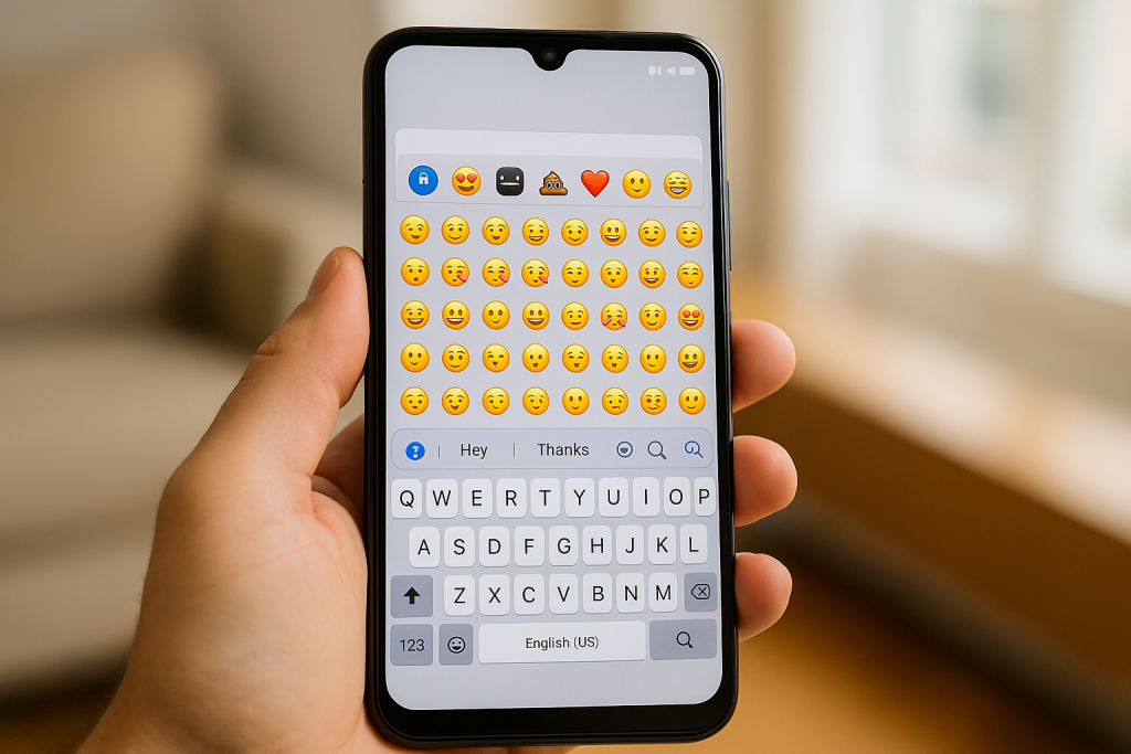 Android phone using iPhone emoji keyboard app with iOS-style emojis displayed.