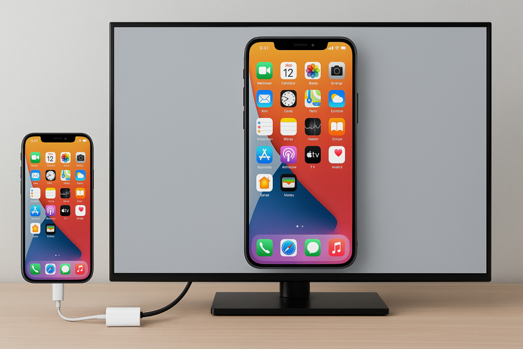 iPhone connected to TV via HDMI adapter showing screen mirroring