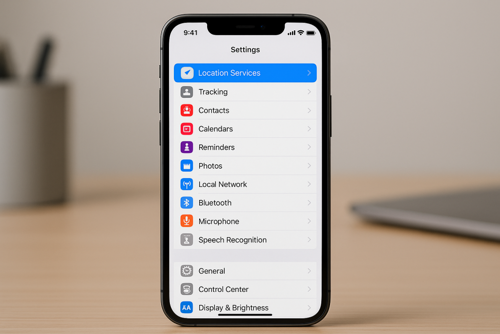 iPhone Settings screen showing Location Services highlighted under Privacy & Security