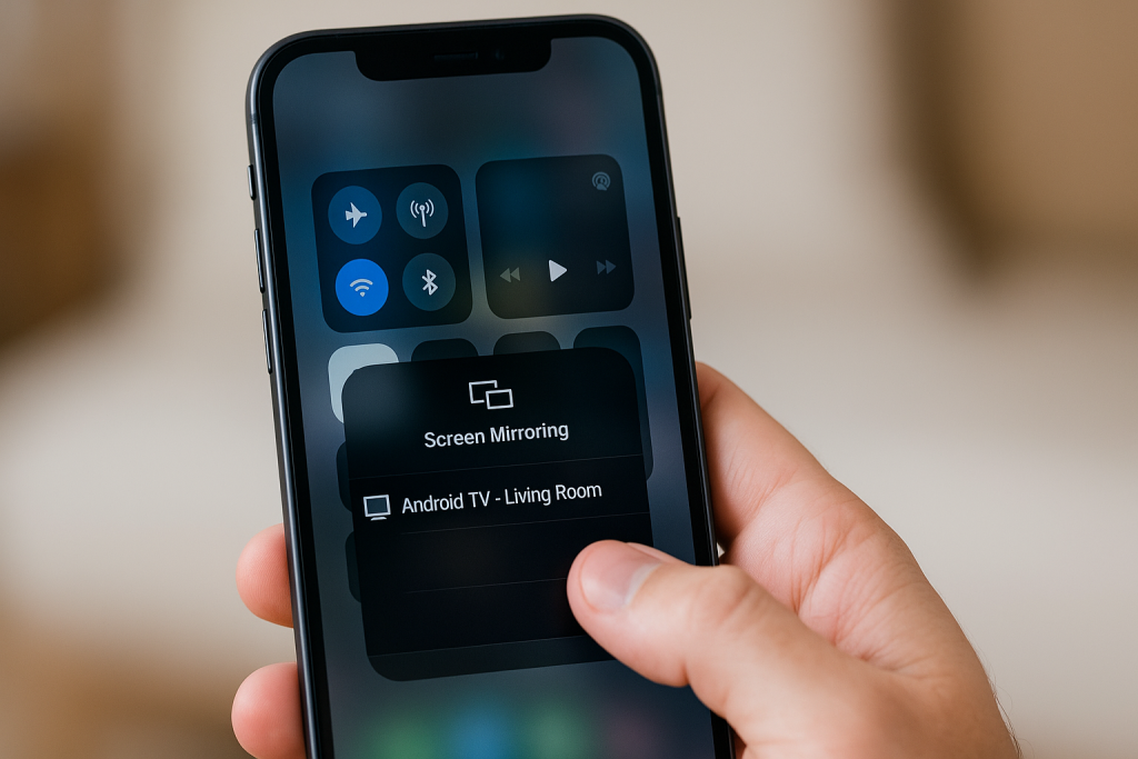 iPhone Control Center showing screen mirroring to Android TV