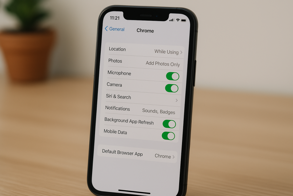iPhone Settings showing Chrome app with Default Browser App option