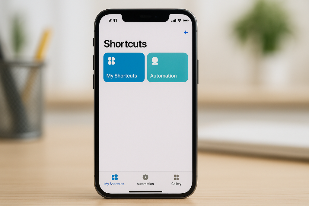 iPhone screen showing the Shortcuts app with My Shortcuts, Automation, and Gallery tabs.