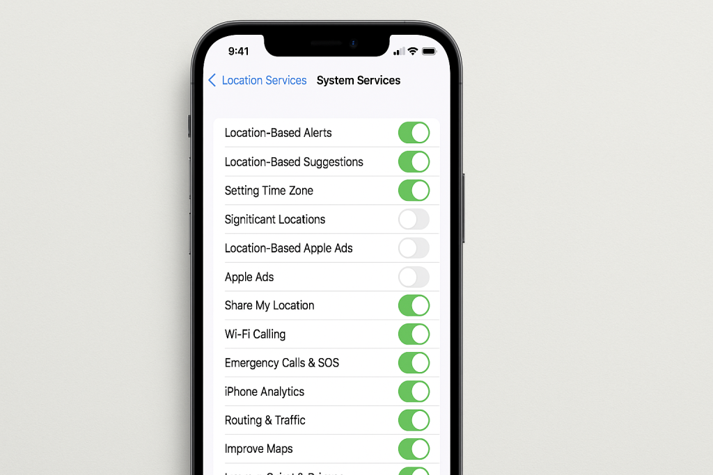 iPhone System Services location settings with multiple options turned off