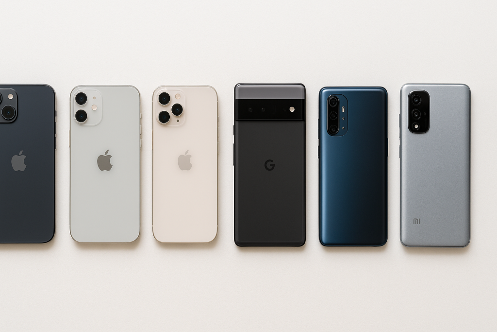 Flat-lay showing premium iPhone designs next to a range of Android devices from different brands.