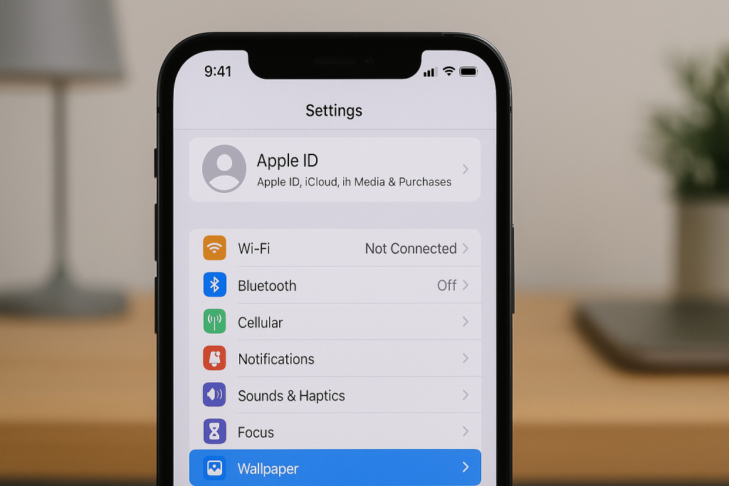 iPhone settings screen with Wallpaper option highlighted
