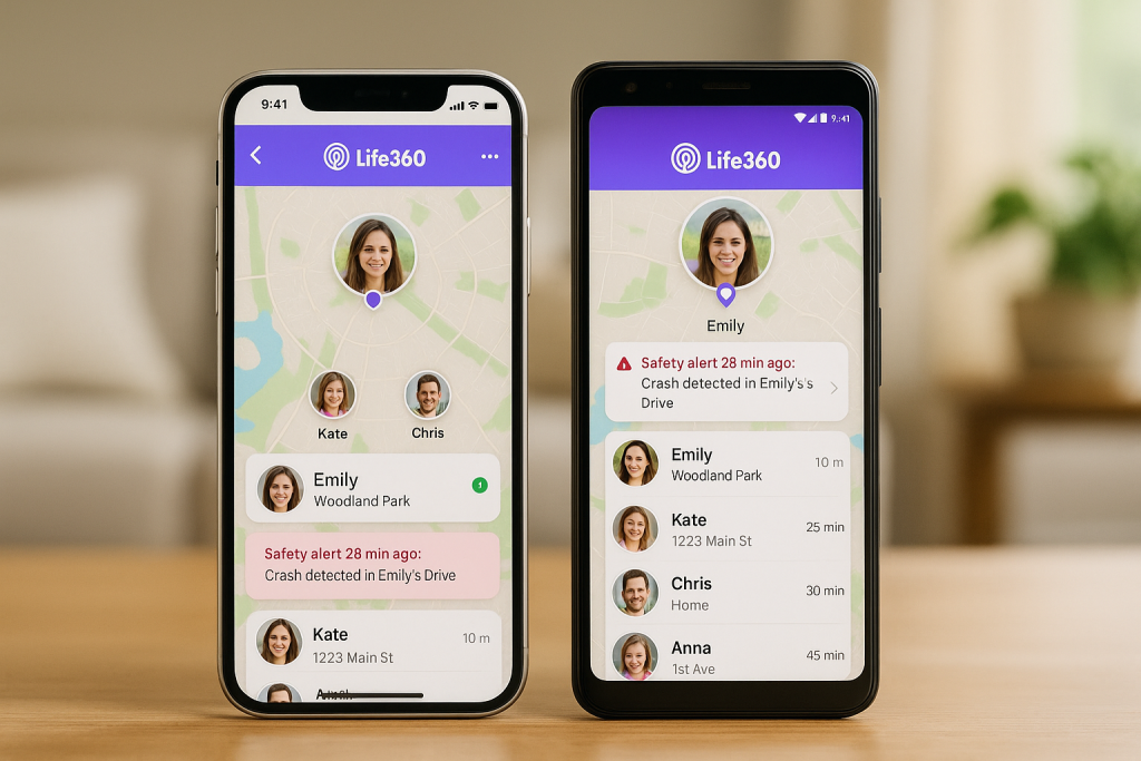 iPhone and Android showing family location tracking via Life360