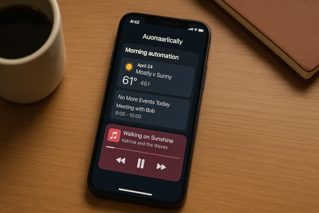 iPhone showing a morning automation with weather, calendar, and music shortcut running.