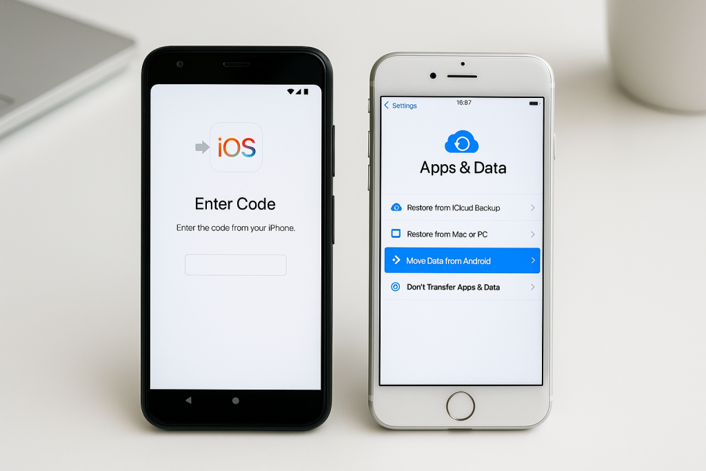 Android and iPhone showing Move to iOS interface for data transfer setup.