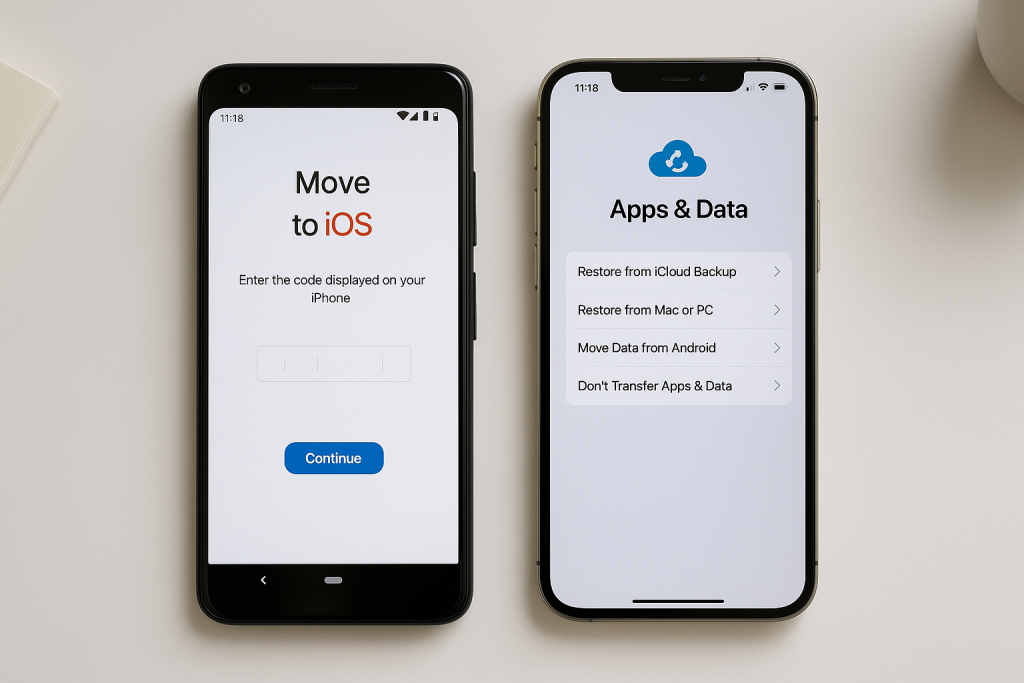 Android and iPhone displaying Move to iOS app screens for photo transfer setup