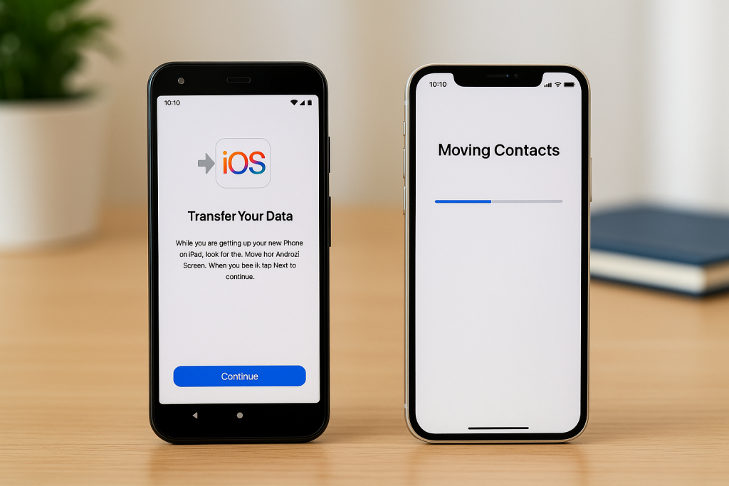 moving contacts from Android to iPhone using Move to iOS app on desk