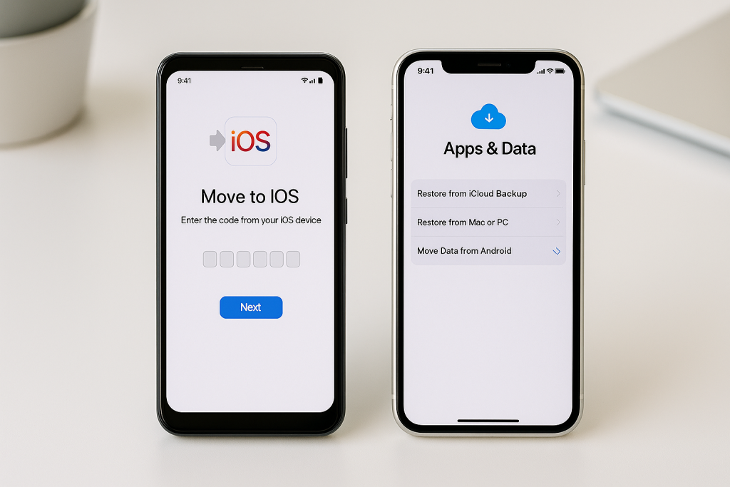 Android and iPhone screens showing Move to iOS app during setup
