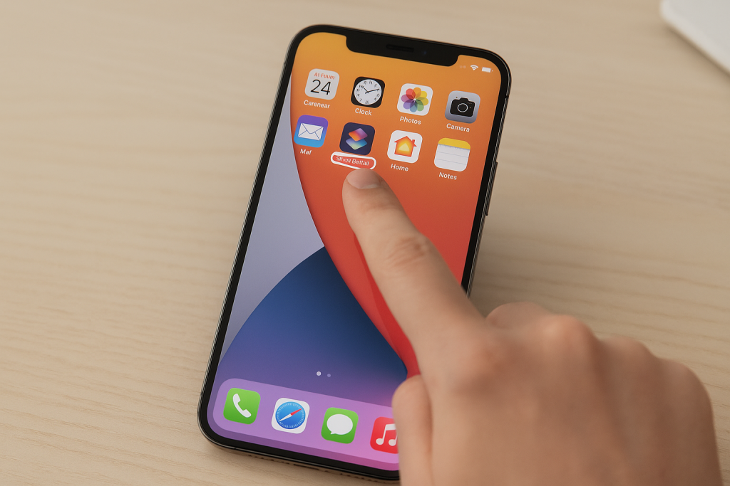 iPhone home screen showing the Shortcuts app being opened