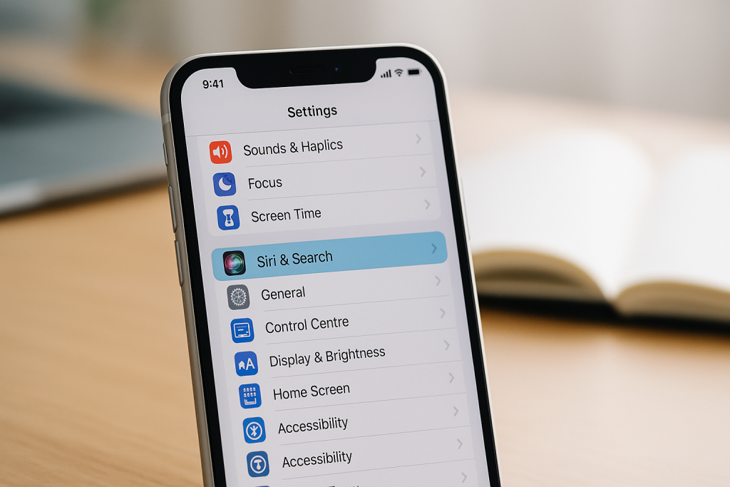 iPhone screen showing Siri and Search settings option highlighted