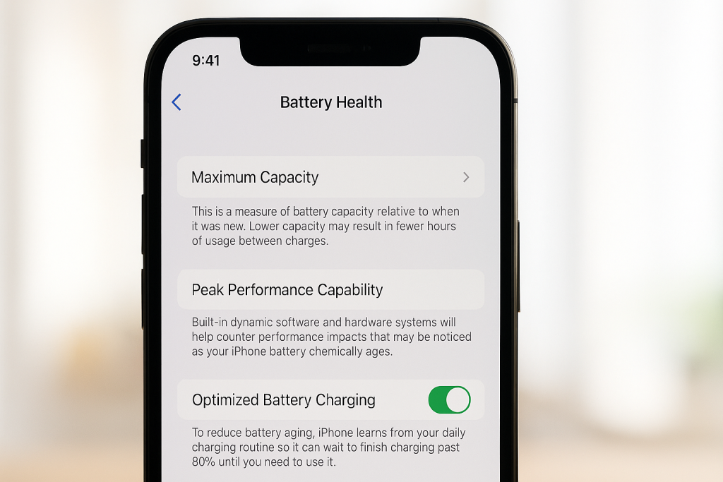 iPhone Battery Health settings with Optimized Battery Charging enabled