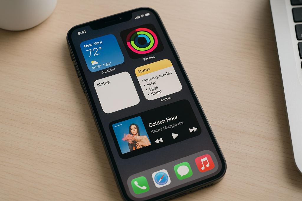Popular iPhone widgets including Weather, Fitness, Notes, and Music
