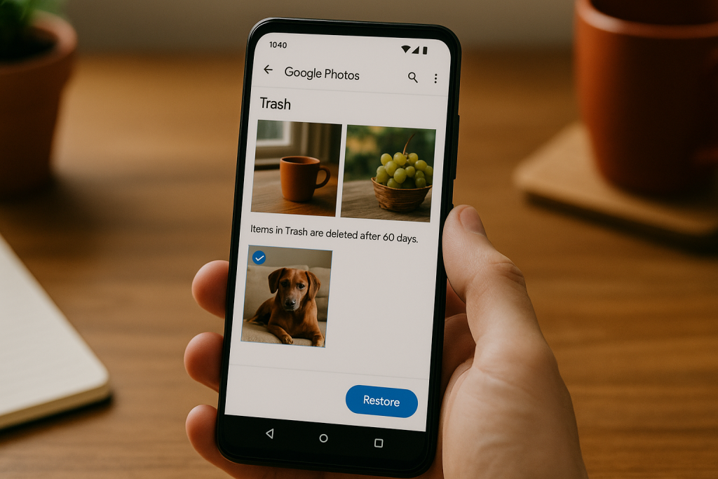 Restoring deleted photo from Google Photos Trash on Android.