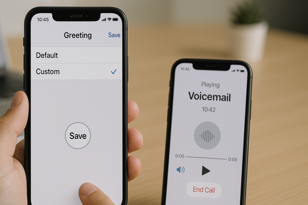 Saving new voicemail greeting and testing playback on iPhone
