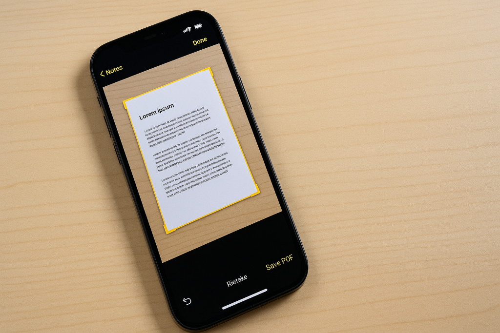 Scanning paper document with iPhone Notes app to save as PDF