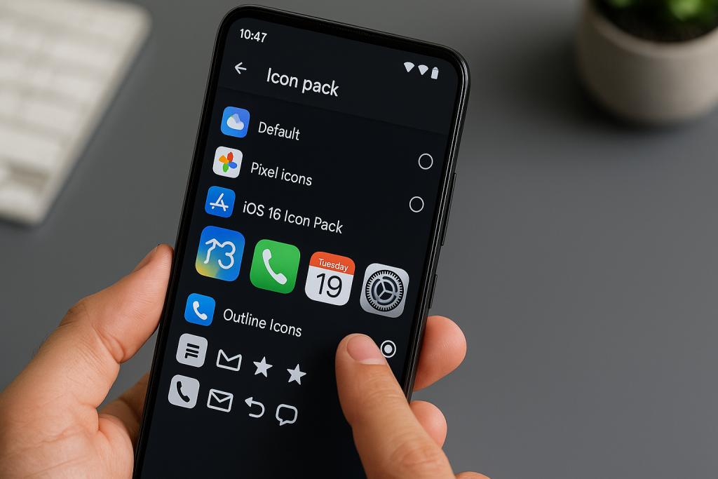 Android settings showing iOS icon pack selection menu in launcher settings