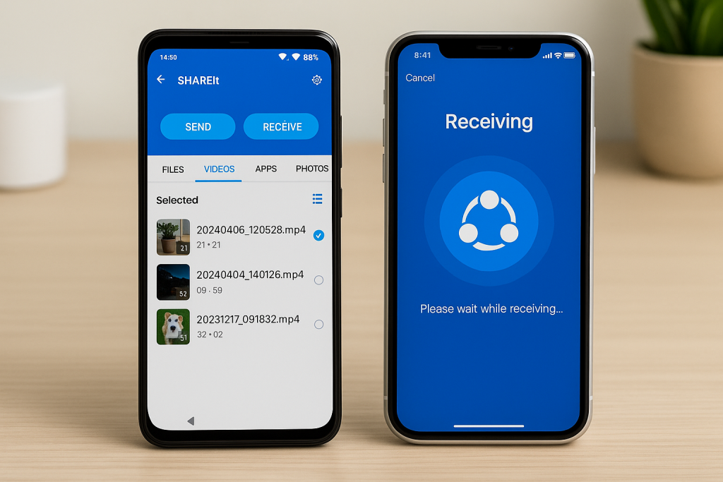Android and iPhone using SHAREit to transfer video files wirelessly