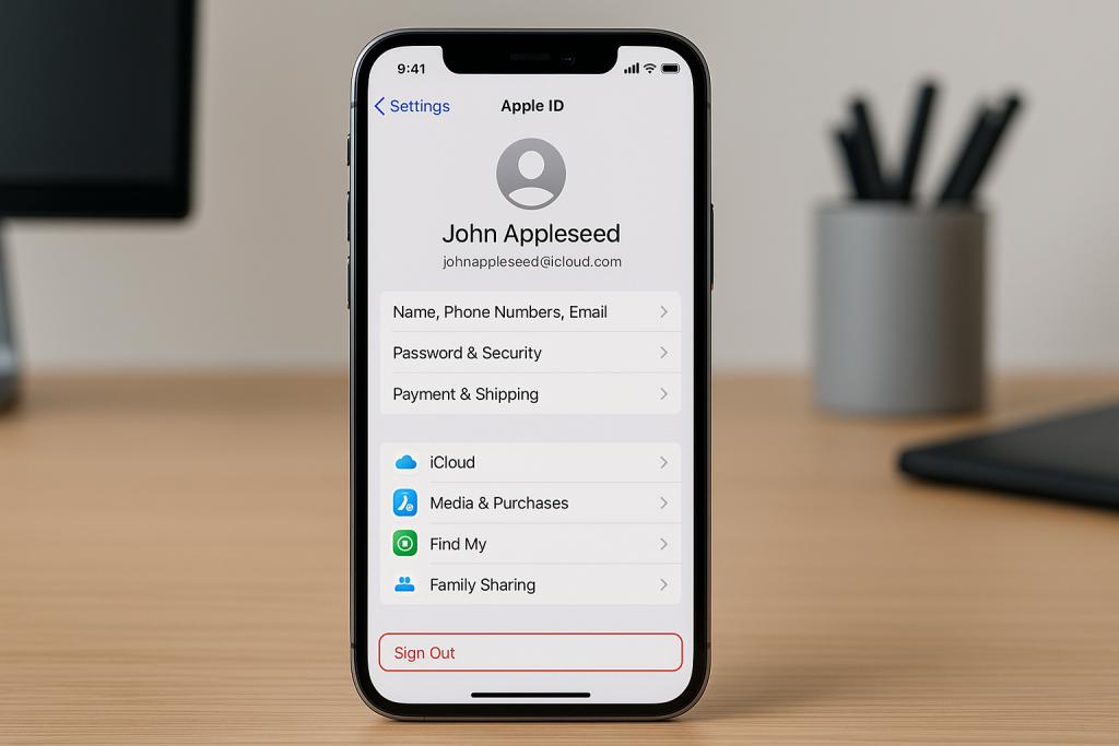iPhone Apple ID settings showing sign out option before reset