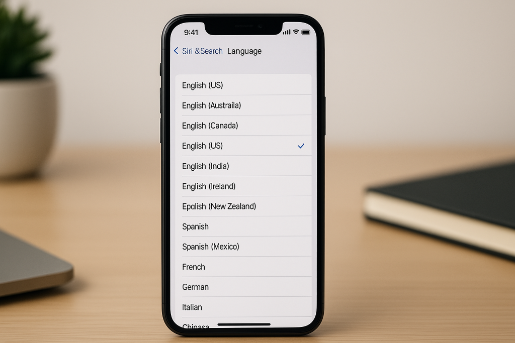 Siri language settings on iPhone with English US selected for offline use