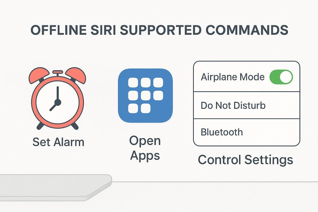 Infographic showing supported offline Siri commands on iPhone