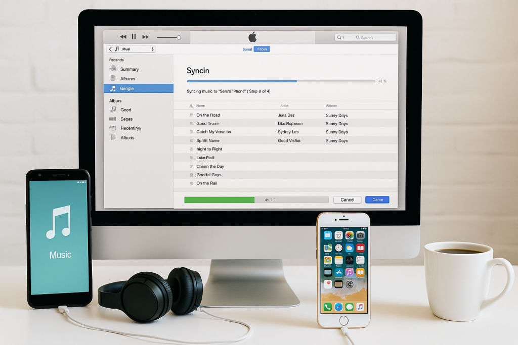 Syncing music from Android to iPhone using iTunes on a computer.