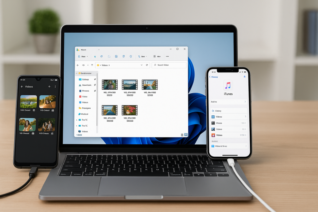 Laptop transferring videos from Android and syncing to iPhone via iTunes