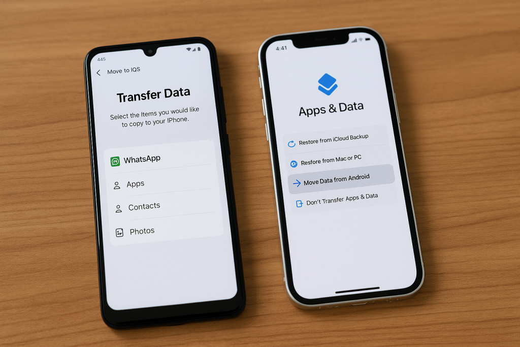 Android and iPhone showing WhatsApp transfer with Move to iOS