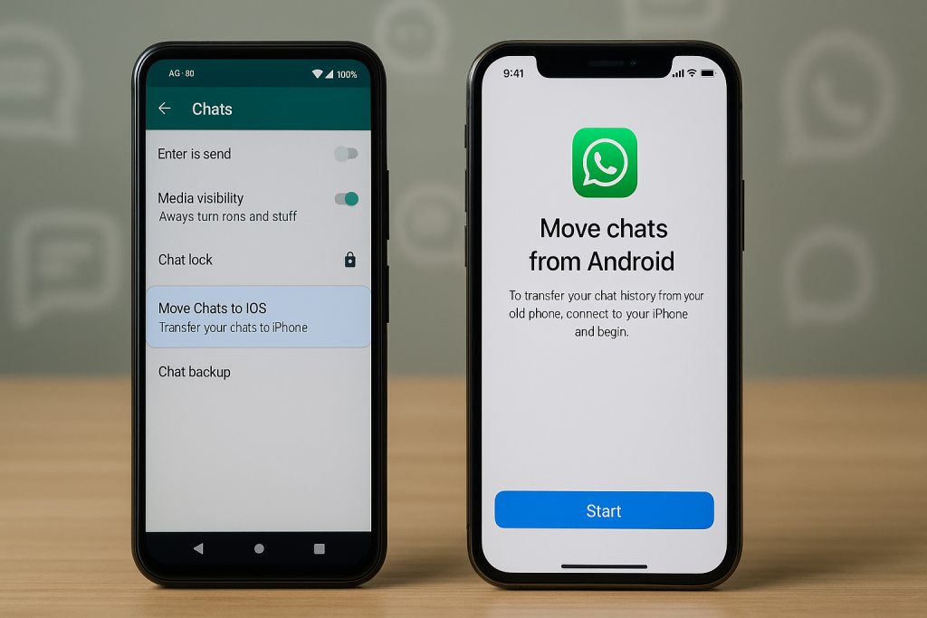WhatsApp chat transfer screen from Android to iPhone.
