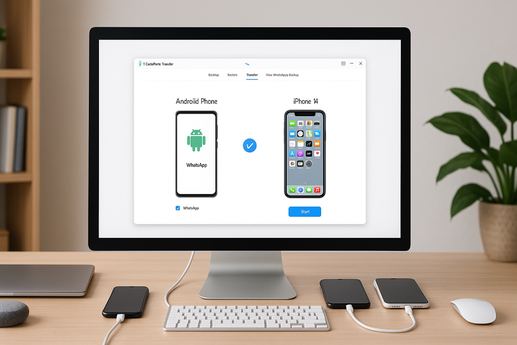iCareFone interface transferring WhatsApp between Android and iPhone